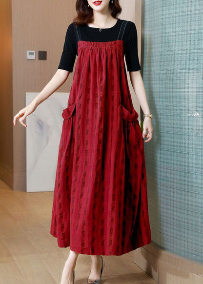 Red Striped Exra Large Hem Linen Strap Dress Two Pieces Set Summer