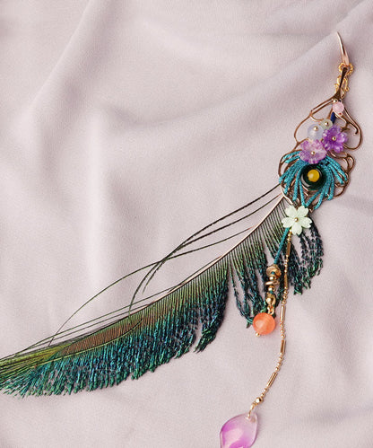 Blue Peacock Feather Crystal Pearl Tassel Drop Earrings