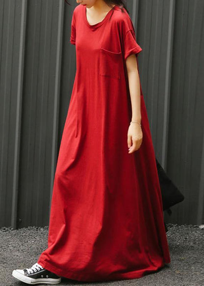Italian Red Tunic Dress O Neck Large Hem Long Summer Dress