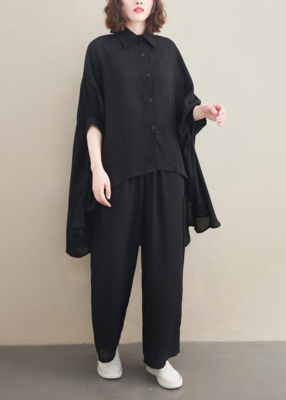 Loose Lapel Batwing Sleeve Spring Clothes Fabrics Black Tops