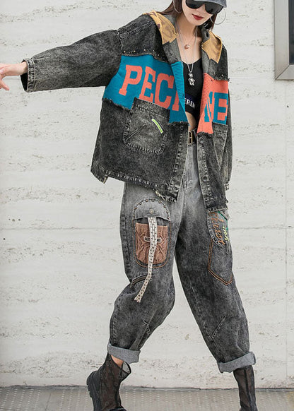 Fitted Denim Patchwork Knit Hooded Pockets Fall Coat Long Sleeve