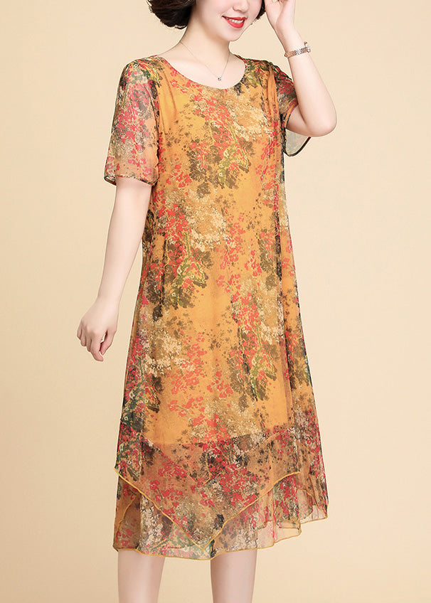 Yellow Print Chiffon Maxi Dress Summer