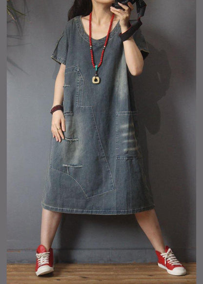 Italian Denim Hole Cotton Asymmetrical Design Summer Long Dress