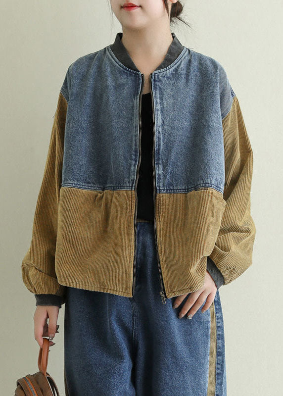 Khaki Zip Up Corduroy Patchwork Denim Coat Long Sleeve