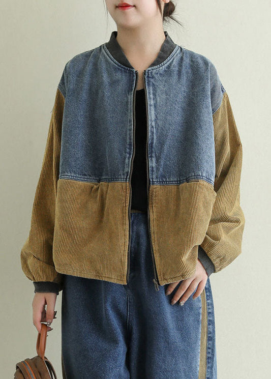 Khaki Zip Up Corduroy Patchwork Denim Coat Long Sleeve