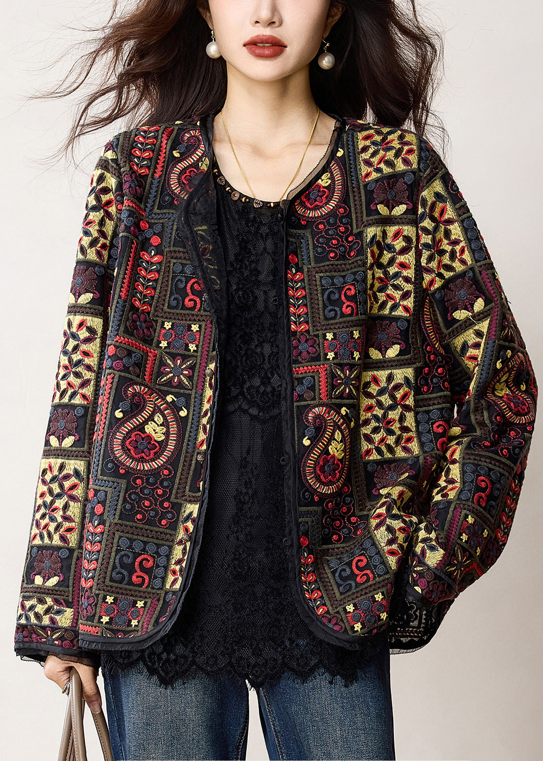 Handmade Black Embroidered Oversized Cotton Jacket Spring