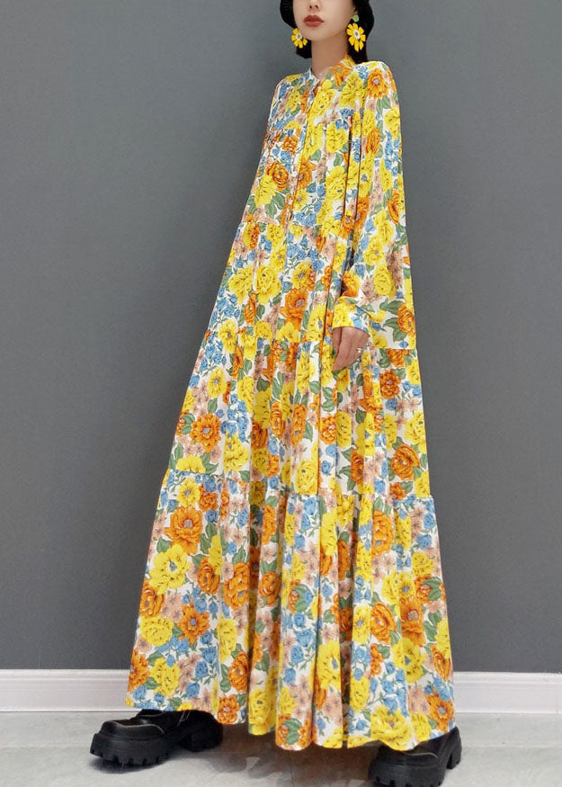 Yellow Stand Collar Print Exra Large Hem Cotton Vacation Dresses Spring