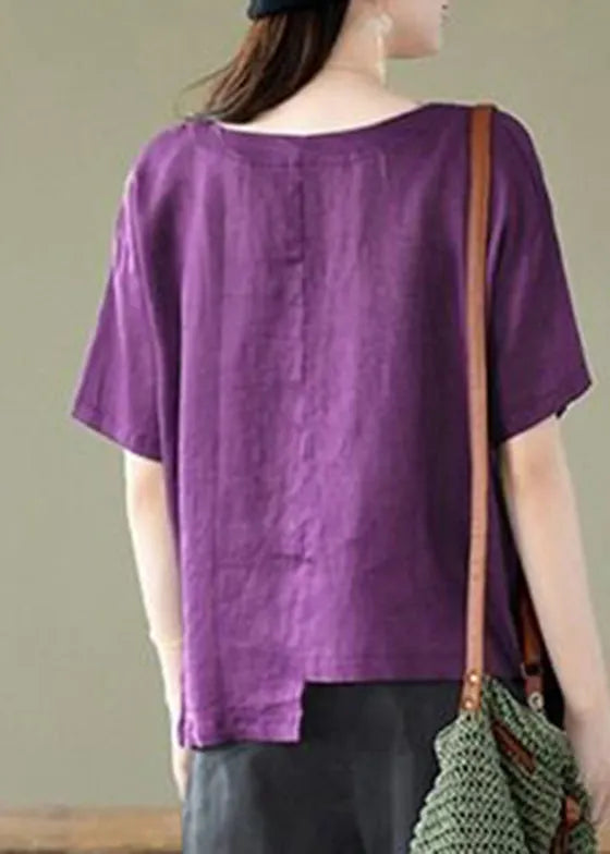 Purple O-neck Asymmetrical Design Pocket Linen Top Short Sleeve
