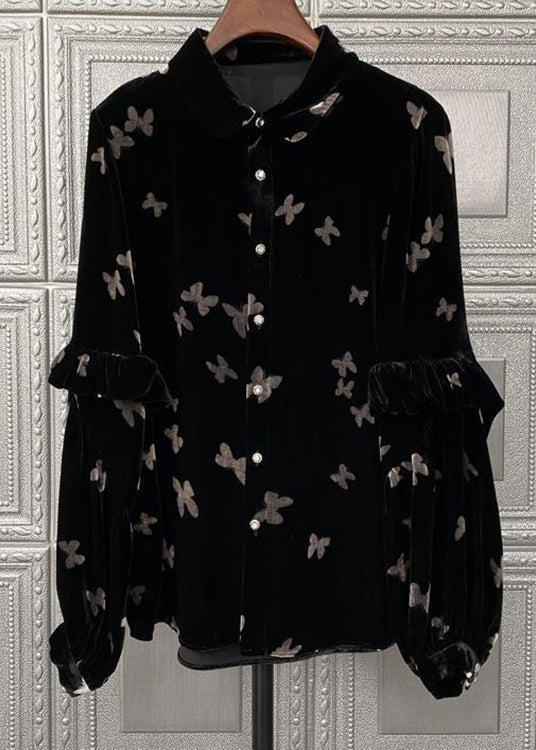 Black Peter Pan Collar Print Button Velour Tops Fall