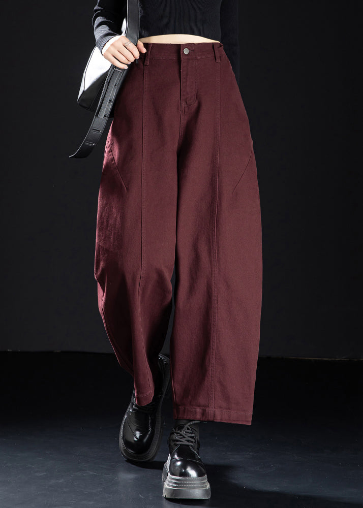 Wine Red Pockets Elastic Waist Denim Crop Pants Spring