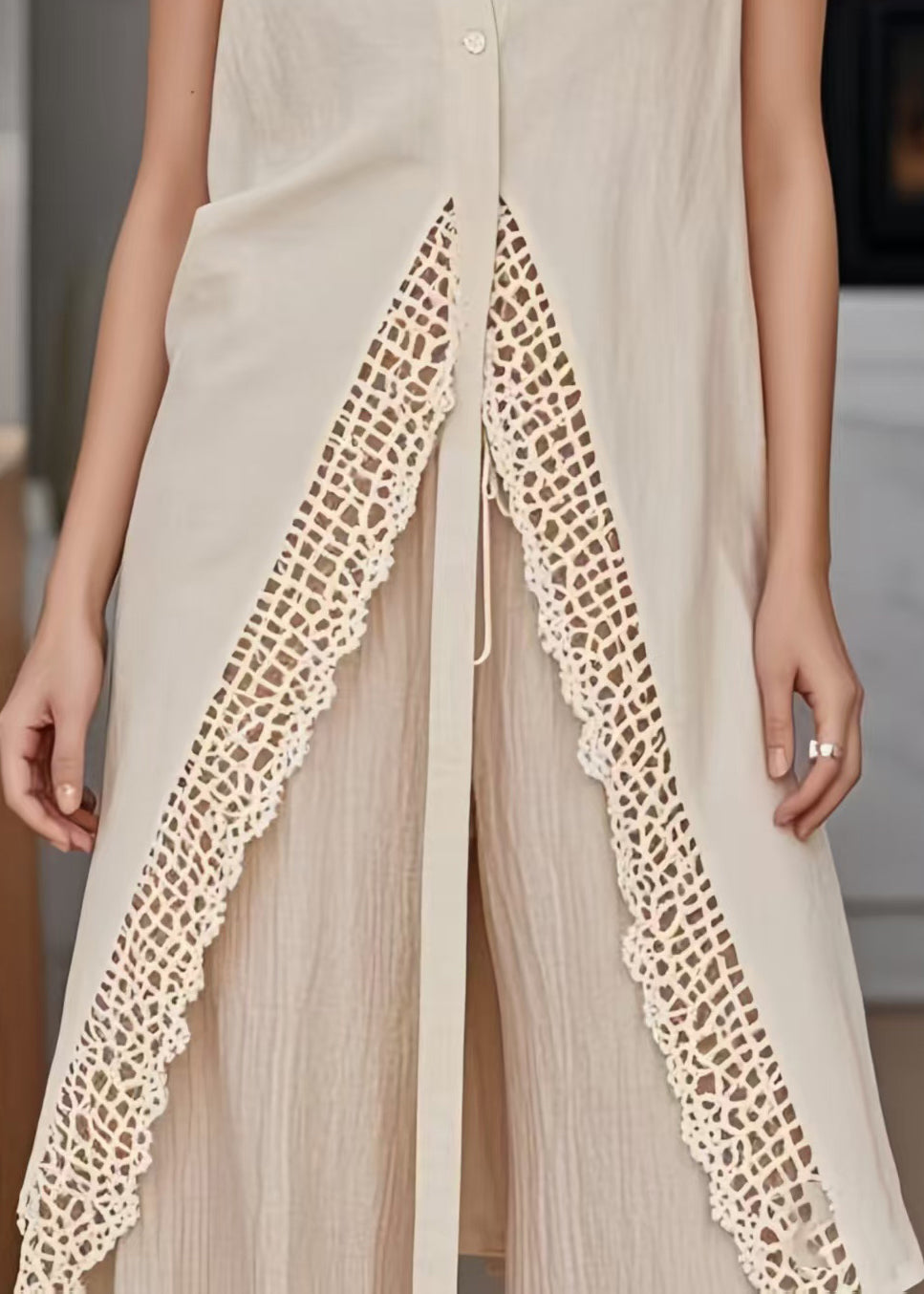 Apricot Side Open Patchwork Lace Long Vests Sleeveless