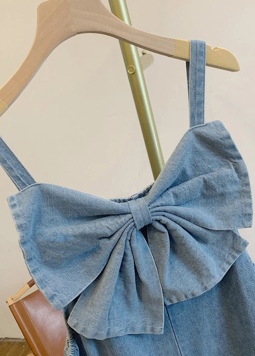 Blue Patchwork Bow Denim Jumpsuits Summer