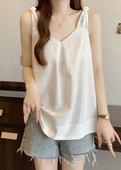 White Wrinkled Cotton Tank V Neck Summer