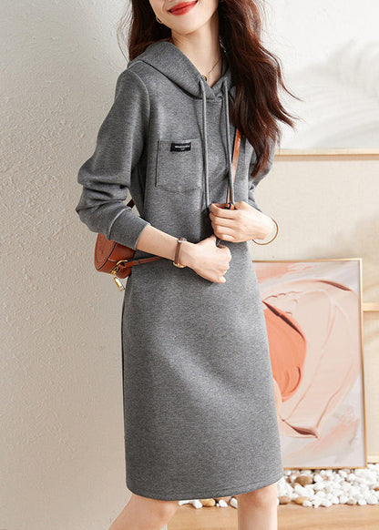 Grey Hooded Lace Up Patchwork Cotton Dress Fall