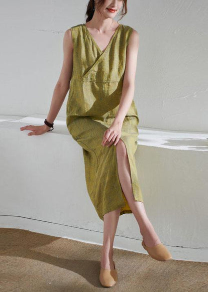Yellow Pockets Patchwork Summer Linen Long Dress Sleeveless