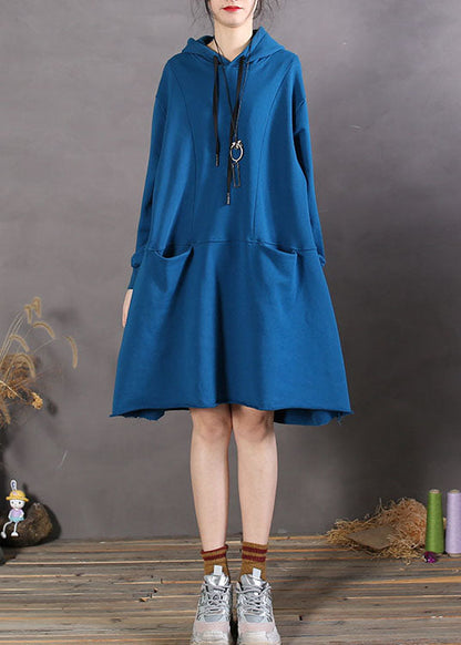 Blue Drawstring Cotton Loose Sweatshirts Dress Spring