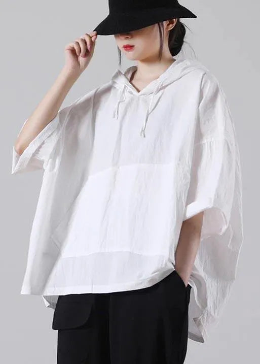 White Hooded Cotton Tops Summer