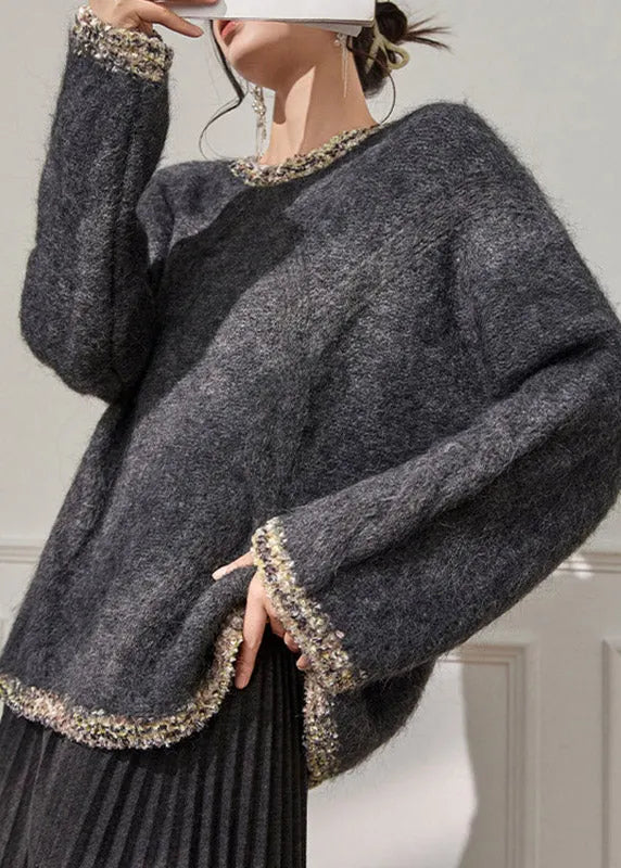 Loose Grey O-neck Thick Cotton Knit Sweater Flare Sleeve