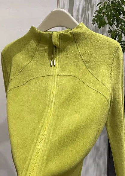 Organic Green Stand Collar Zippered Velour Coats Spring