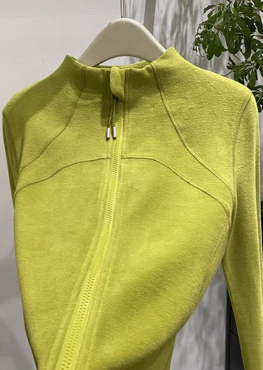 Organic Green Stand Collar Zippered Velour Coats Spring