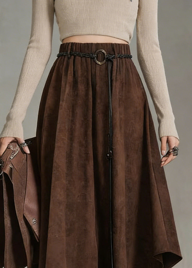 Coffee Elastic Waist Sashe Faux Suede a Line Skirts