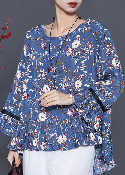 Blue O-neck Print Chiffon Blouse Top Summer