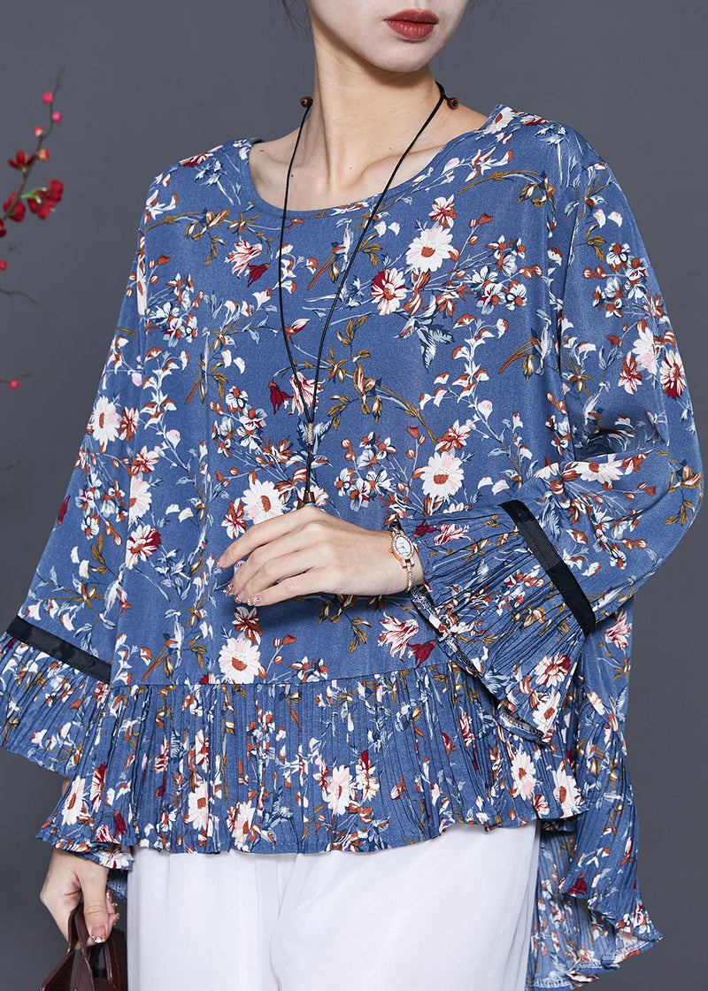 Blue O-neck Print Chiffon Blouse Top Summer