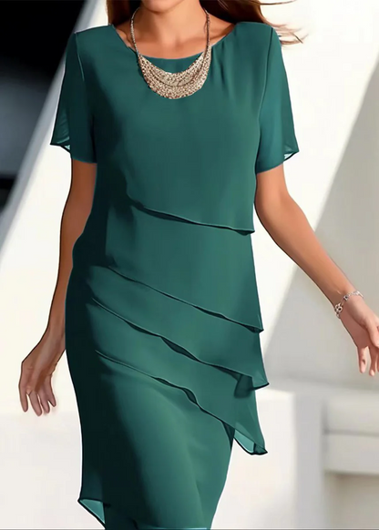 French Khaki O-neck Layered Chiffon Maxi Dresses Short Sleeve