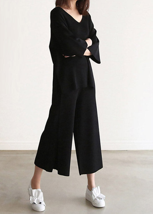 Black Knit Top and Wide Leg Pants Two Pieces Set Spring