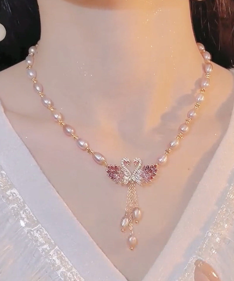 Light Purple Copper Overgild Swan Pearl Pendant Necklace