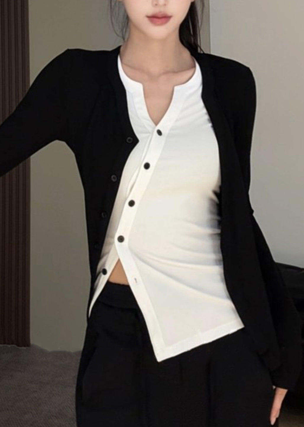 Black O-neck Asymmetrical Top Fake Two Pieces Fall