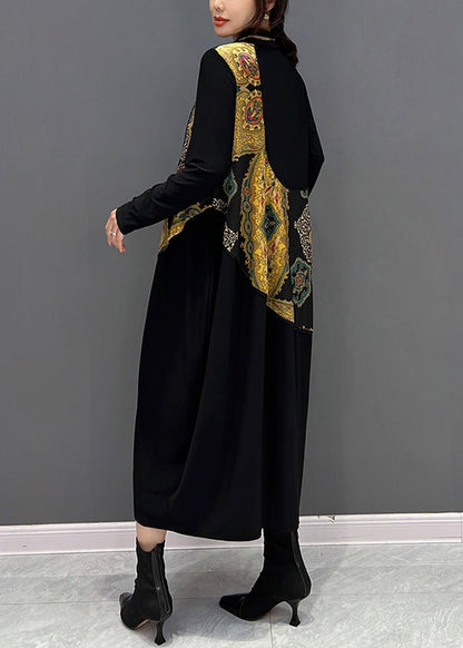 Simple Black O-neck Print Vacation Dresses Fall