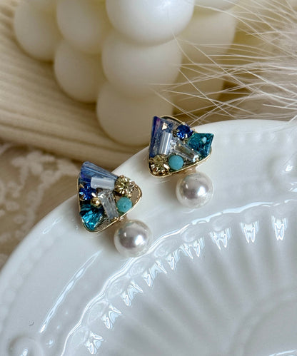 Handmade Light Green Copper Overgild Crystal Zircon Pearl Drop Earrings