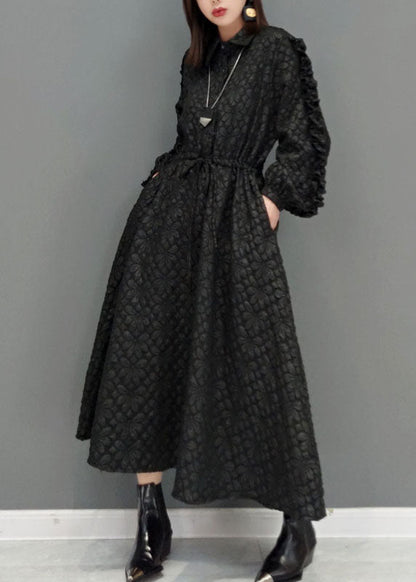 Black Tie Waist Peter Pan Collar Jacquard Long Dress Spring
