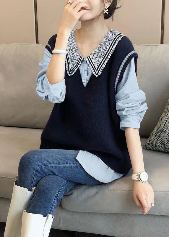 Stylish Blue Peter Pan Collar Shirts and Vest Knit Two Piece Suit Set Fall