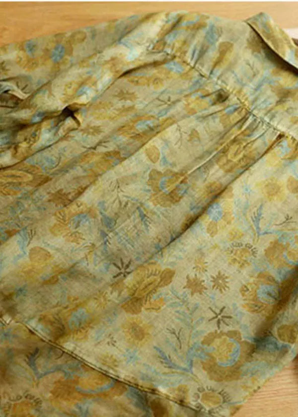 Yellow Peter Pan Collar Print Button Linen Blouse Tops Short Sleeve