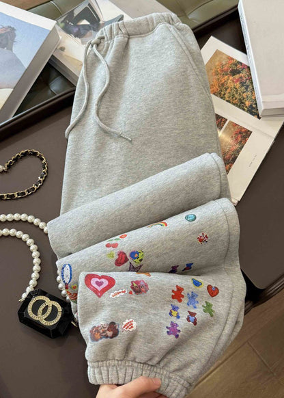 Loose Grey Print Elastic Waist Cotton Beam Pants Spring