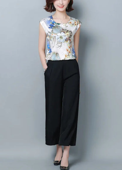 Blue Print Silk Blouse Top O-neck Slim Fit Short Sleeve