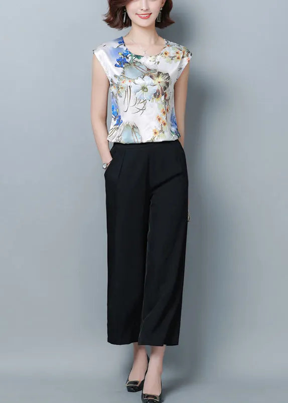 Blue Print Silk Blouse Top O-neck Slim Fit Short Sleeve