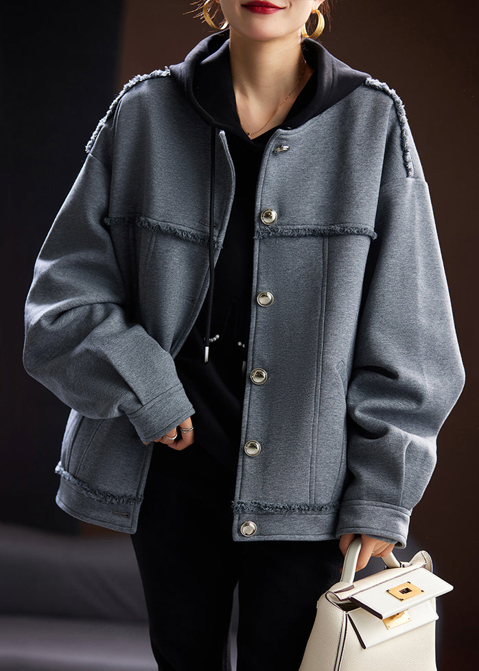 Grey O Neck Button Patchwork Cotton Coat Spring