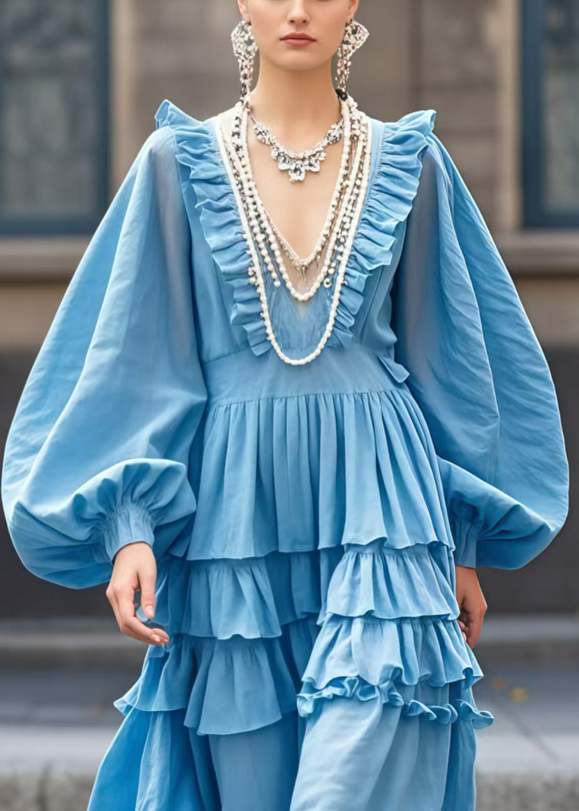 Sea Blue V Neck Ruffled Ankle Cotton Dress Lantern Sleeve Spring