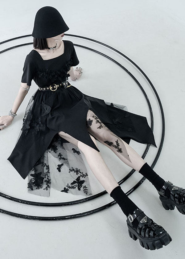 Diy Black Asymmetrical Design Tulle Patchwork Cotton Vacation Dress Summer