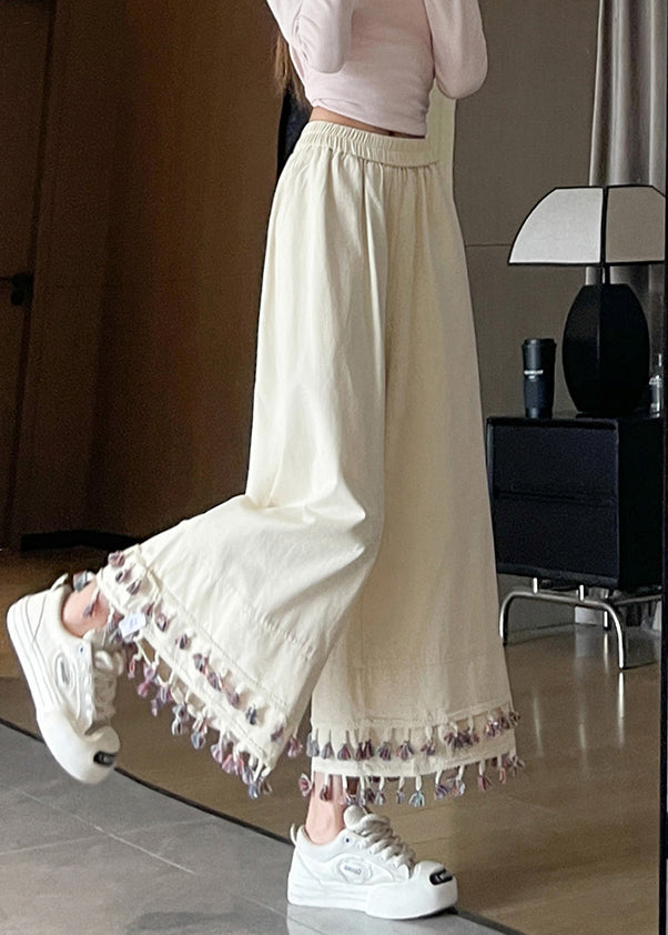 White Tasseled Patchwork Cotton Crop Pants Fall