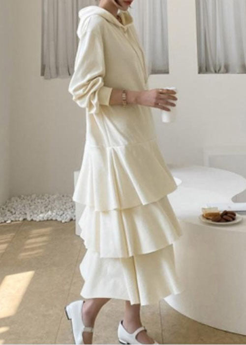 Apricot Hooded Patchwork Ruffled Cotton Dress Spring