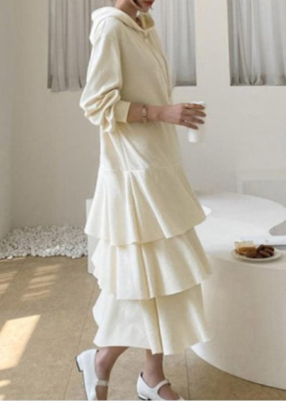Apricot Hooded Patchwork Ruffled Cotton Dress Spring