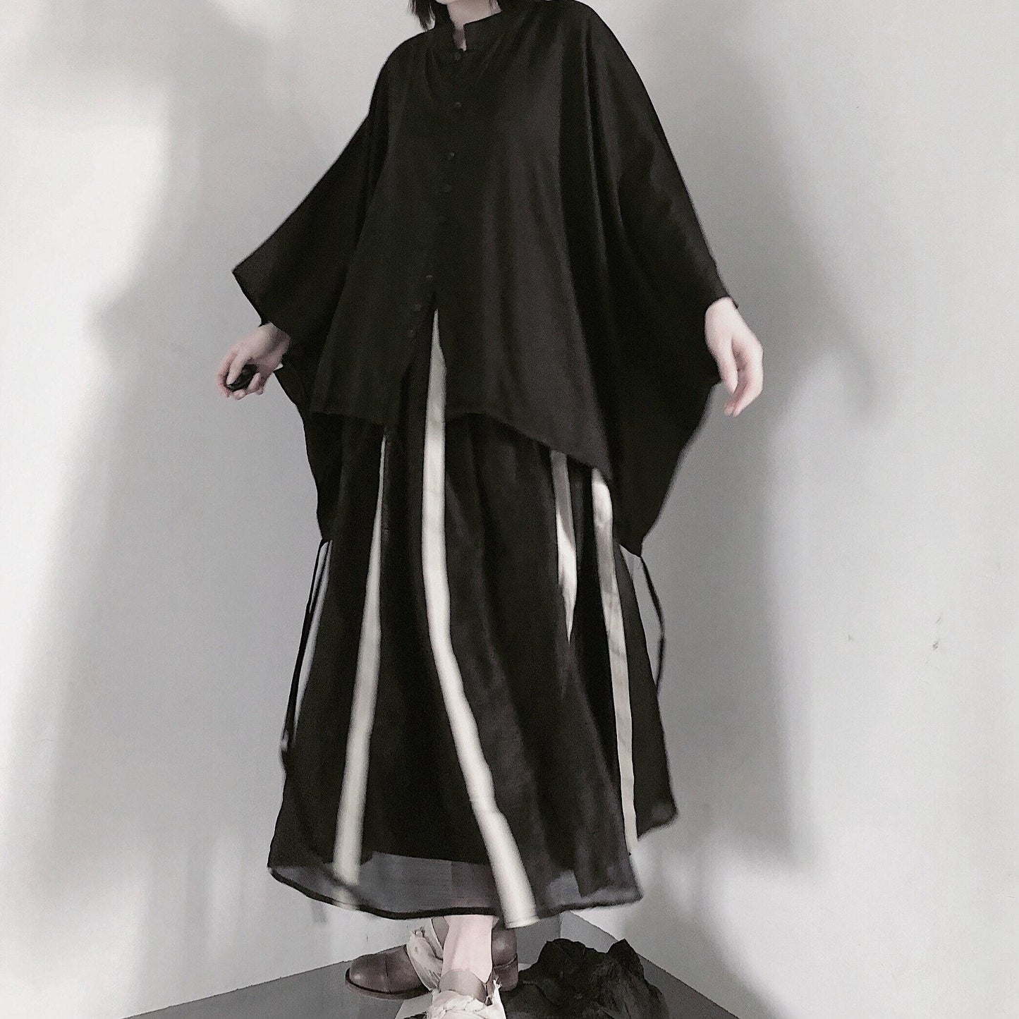 Art Black Clothes for Stand Collar Batwing Sleeve Baggy Shirts