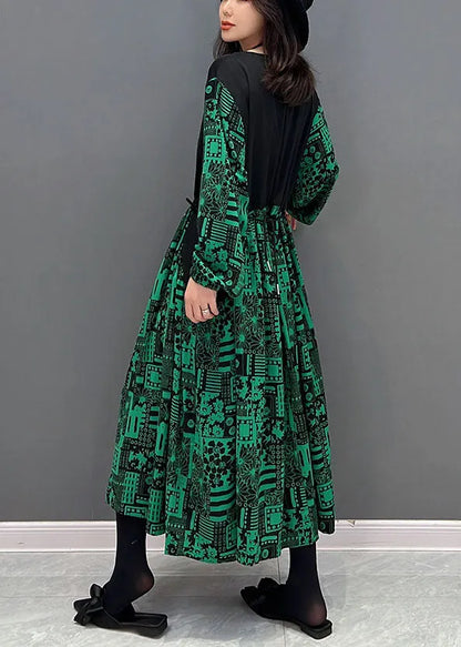 Green O-neck Patchwork Drawstring Cotton Maxi Dresses Fall