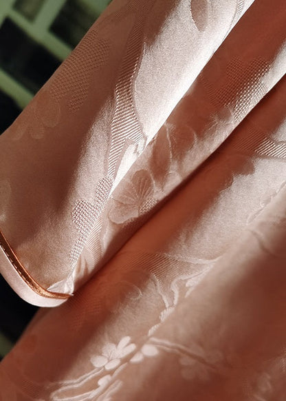 Pink Stand Collar Tasseled Patchwork Jacquard Silk Mid Dress Summer