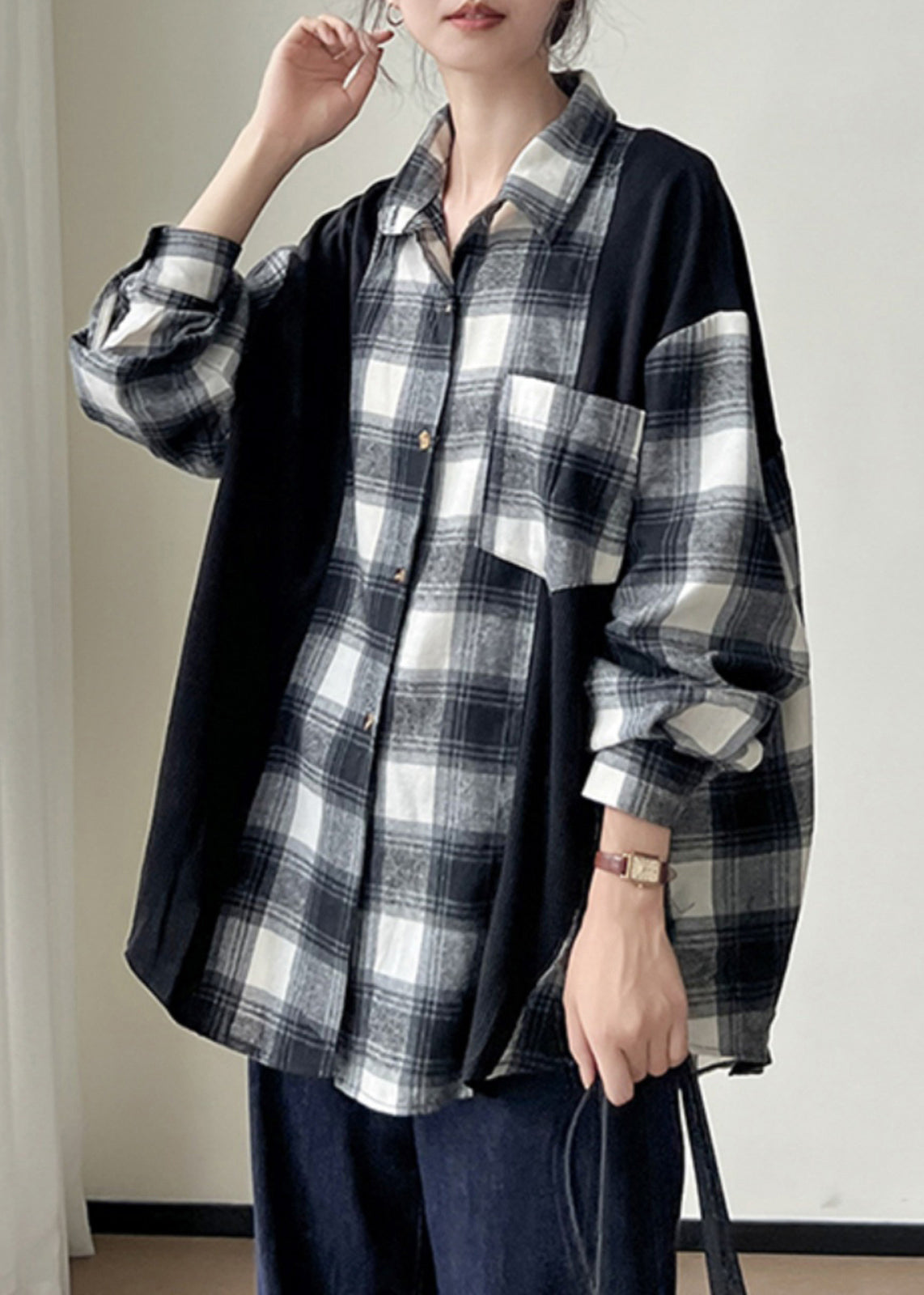 Black Plaid Button Patchwork Cotton Shirts Fall