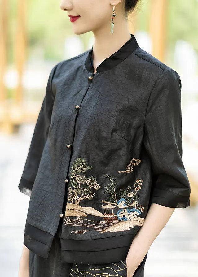 Chinese Style Black Button Embroideried Stand Collar Silk Coats Half Sleeve
